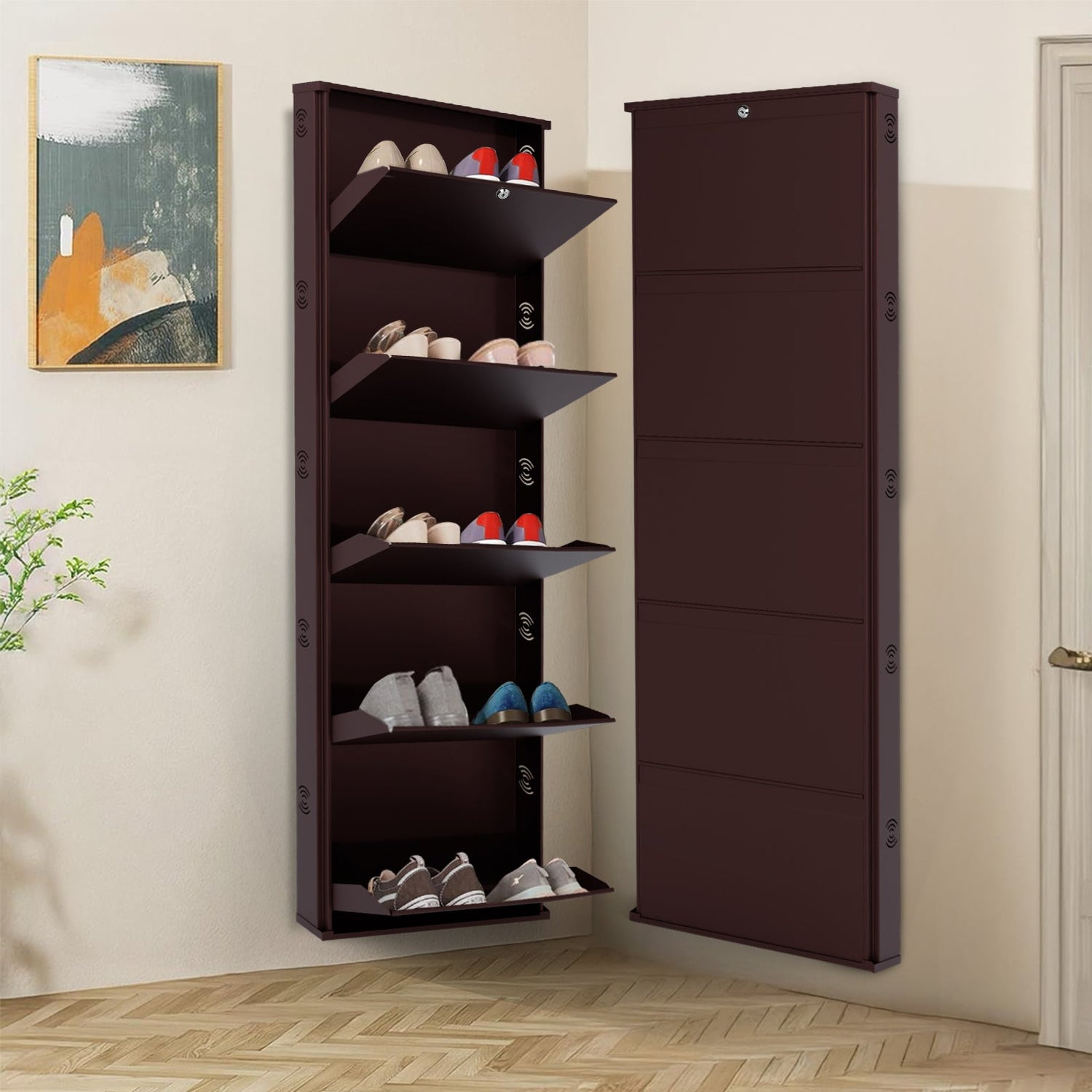 JaiminiHome metal 5-tier foldable shoe rack with front cover, modern space-saving shoe storage organizer.