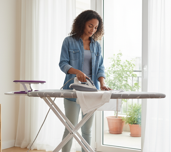 Woman ironing on a white ironing board in a bright room with a shoe rack and plants in the background.