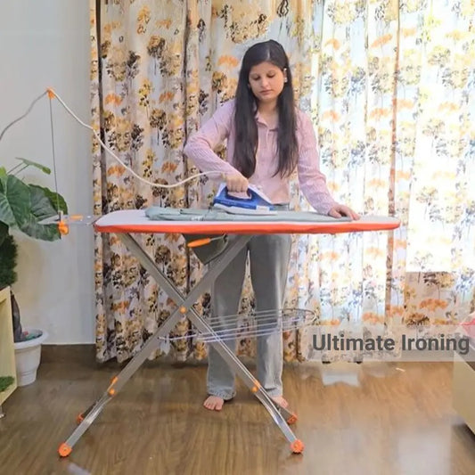 JaiminiHome Deluxe Adjustable Ironing Table – Sturdy Steel Frame, Orange & Silver Finish, with Cloth Rack
